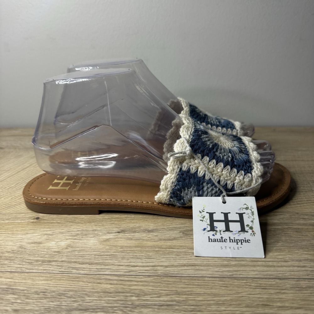 Haute Hippie Tan and Cream Crochet Espadrille Slide Sandals